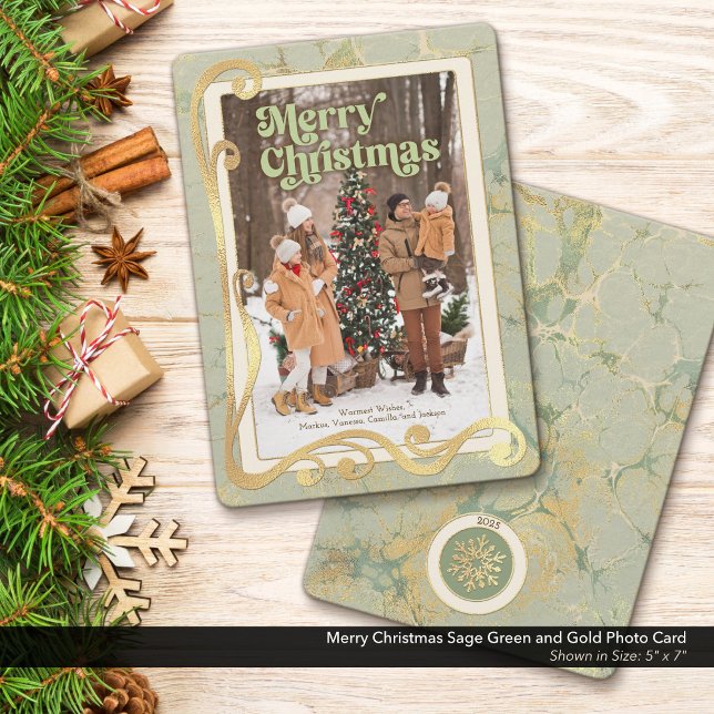 Joyeux Noël Sage Vert et Carte photo or (Merry Christmas, Sage Green and Gold Holiday Photo Greeting Card)