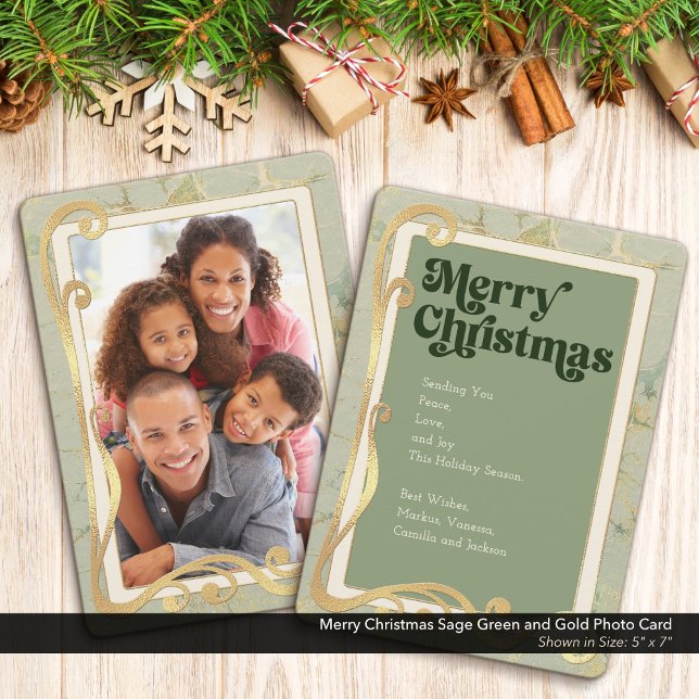 Joyeux Noël Sage Vert et Carte photo or (Merry Christmas, Sage Green and Gold Holiday One (1) Photo Greeting Card)