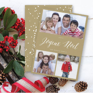 Joyeux Noel Script 3 Photo Collage Christmas Holiday Card