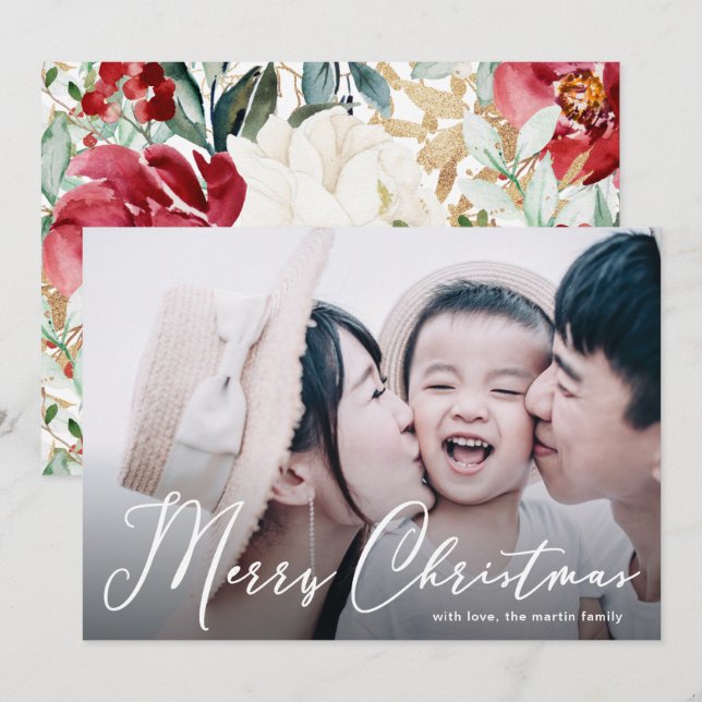 Joyeux Noël Script Floral Imprimer Carte photo (Devant / Derrière)