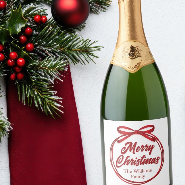 Joyeux Noël Script Red Ribbon Bow Vin Étiquette (Créateur téléchargé)