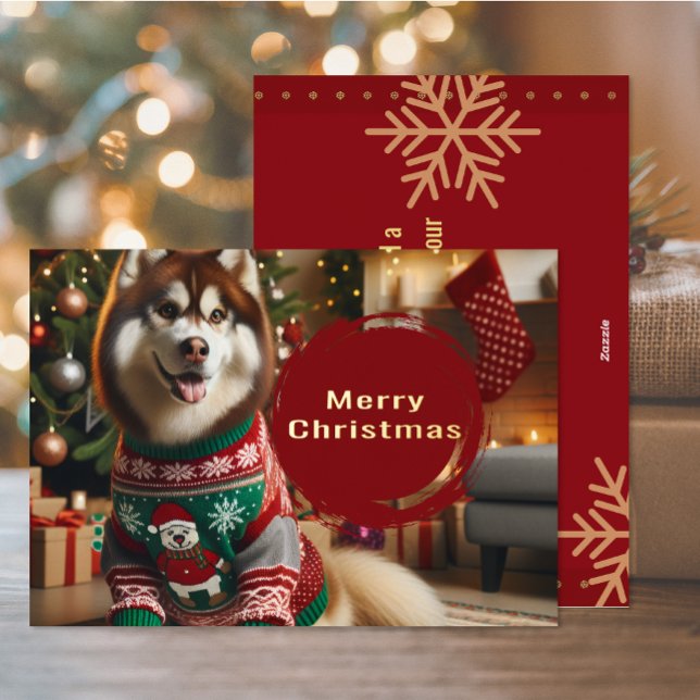 Joyeux Noël Sibérie Husky Foil Carte de voeux (The front and back of the Siberian Husky Christmas Holiday foil card)