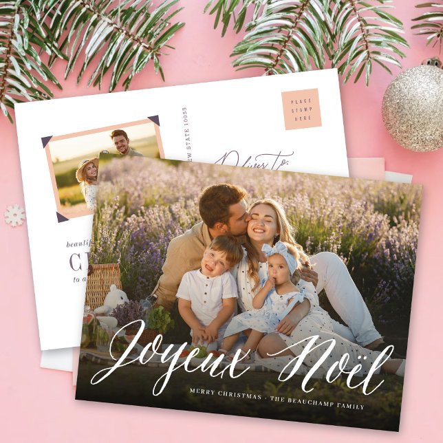Joyeux Noel Simple Script Christmas Modern Photo Holiday Postcard (Creator Uploaded)