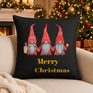 Joyeux Noël Trois Gnomes Coussin de jet noir