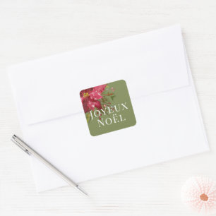 Joyeux Noël Watercolor Poinsettia Christmas Square Sticker