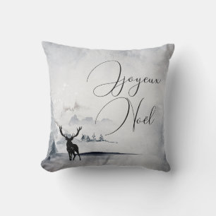 Joyeux Noel Winter Scene Huge Buck Deer Throw Pillow