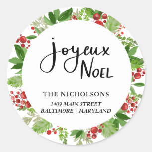 Joyeux Noel Wreath Festive Script Holiday Classic Round Sticker