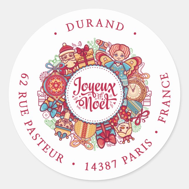 Joyeux Noel Wreath Return Address Classic Round Sticker (Front)