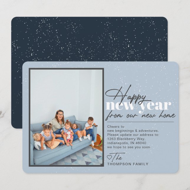 Joyeux Nouvel An Moving Faire-part Photo Bleue (Devant / Derrière)