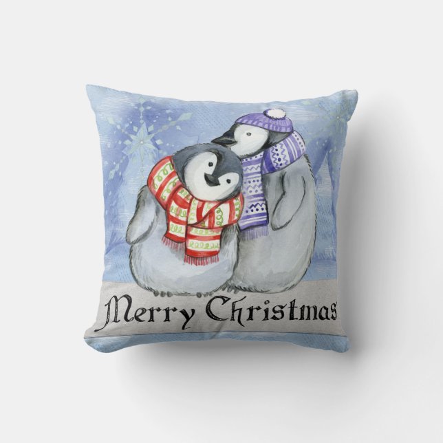 Joyeux oreiller à lancer de pingouin de Noël (Recto)