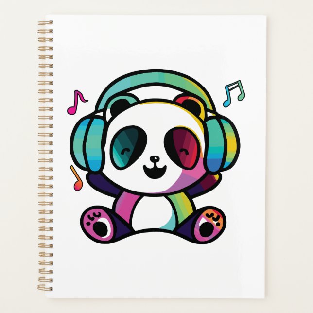 Joyeux Panda avec écouteurs écoutant de la musique (Devant)