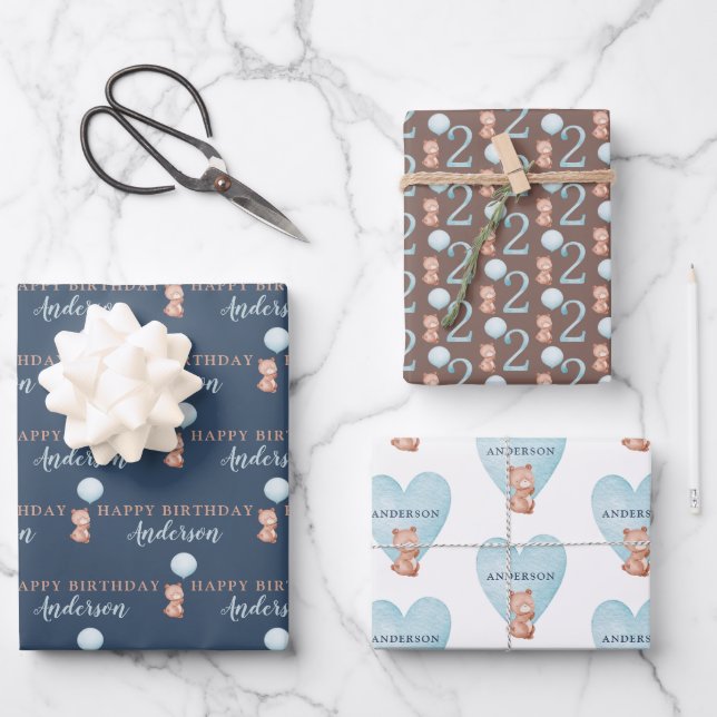 Joyeux papier d'enveloppement d'ours pour le 2e an (Recto)