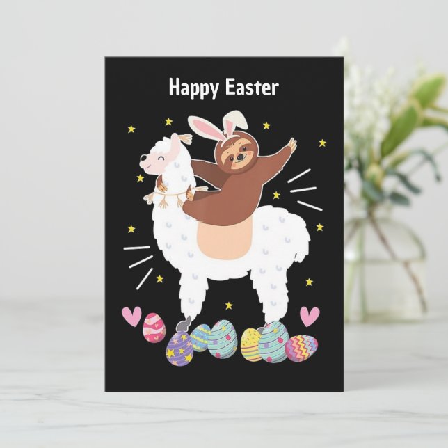 Joyeux Pâques Sloth et llama Carte de vacances pla (Debout devant)