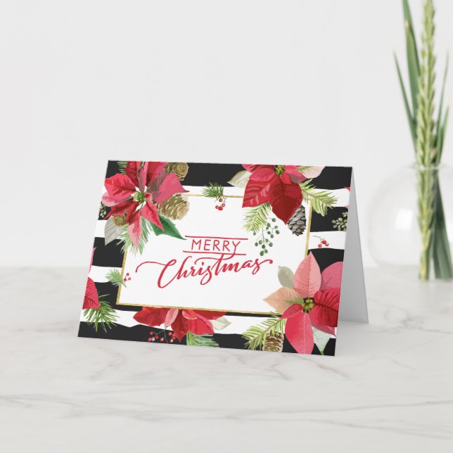 Joyeux Poinsettias de Noël, carte à rayures noires (Devant)