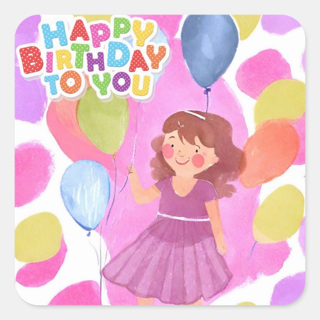 Joyeux Sticker Carré Fille Anniversaire (Devant)