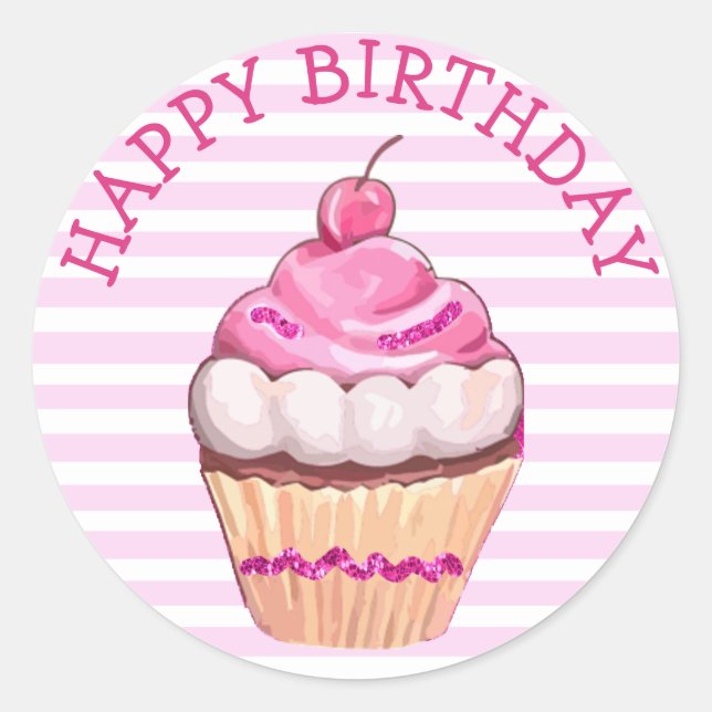 Joyeux Stickers Cupcake Anniversaire rose et blanc (Devant)