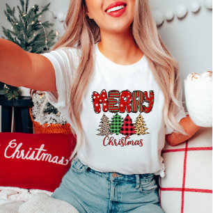 Joyeux T-shirt femmes Léopard et Plaid de Noël