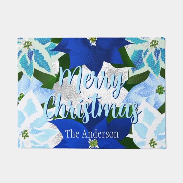 Joyeux tapis bleu de Noël Poinsettias (Devant)