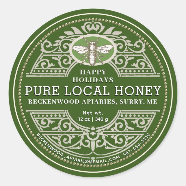 Joyeux Vacances APIARY Orné Miel étiquette Vert (Devant)