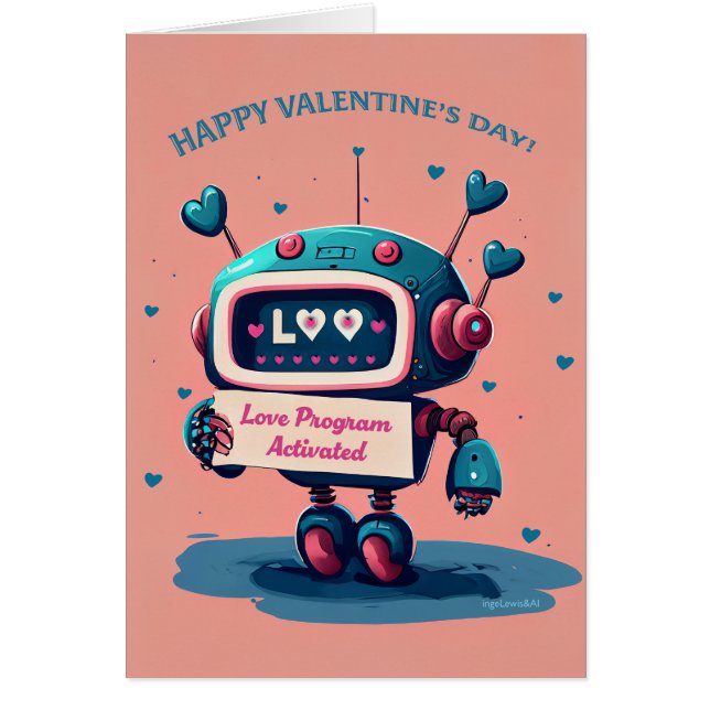 Joyeux Valentines Day mignon Robot bleu, Coeurs am (Devant)