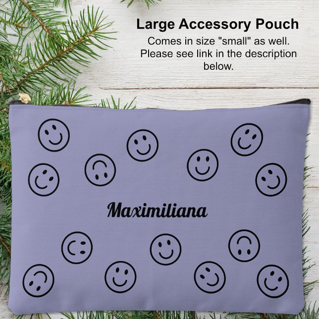 Joyeux visages noir sur violet- grand sac d'access (Large Accessory Pouch - Happy Faces Black on Purple by Leapfroglisics Shop)