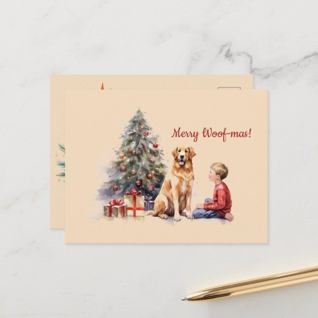 Joyeux Woof-mas Chien Boy Tree Carte postale de No (Devant/Arrière en situation)
