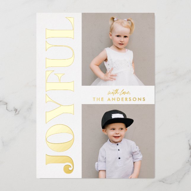 Joyful 2 Photo Gold Foil Holiday Card (Front)