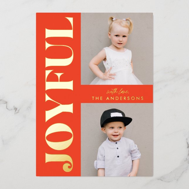 Joyful 2 Photo Orange and Gold Foil Holiday Card (Front)
