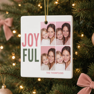 JOYFUL 4 Photo Personalized Family Christmas Ceramic Ornament