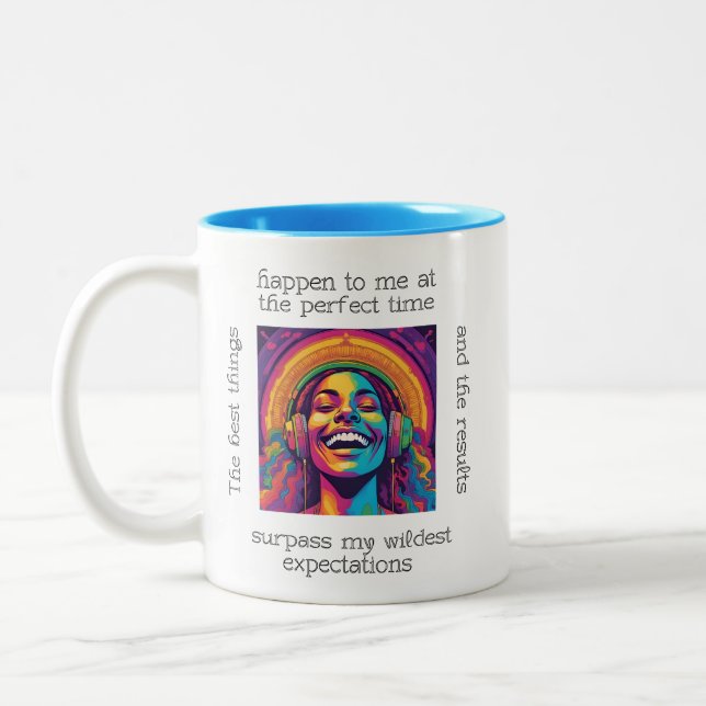Joyful Affirmation Girl – Colourful Motivational Two-Tone Coffee Mug (Left)