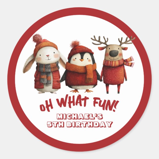 Joyful Animals Festive Xmas Kids' Birthday Party Classic Round Sticker (Front)