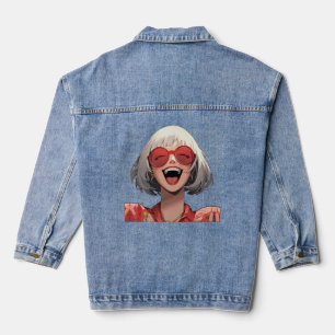 Joyful Anime Girl: Grey Hair, Red Glasses, Red Rob Denim Jacket