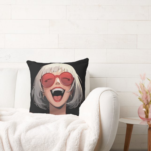 Joyful Anime Girl: Grey Hair, Red Glasses, Red Rob Throw Pillow (Couch)