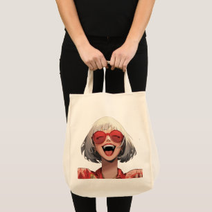 Joyful Anime Girl: Grey Hair, Red Glasses, Red Rob Tote Bag