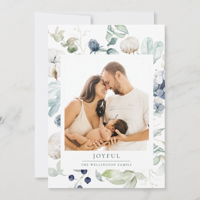Joyful Arctic Winter Botanical Photo Green Holiday Card (Front)