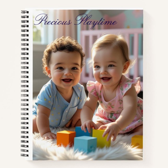 Joyful Babies Playing on a Soft Fur Rug Notebook (Front)