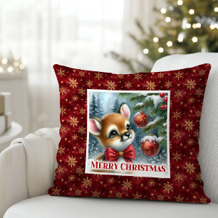 Joyful Baby Deer Snowy Forest Kids Gift Christmas  Throw Pillow