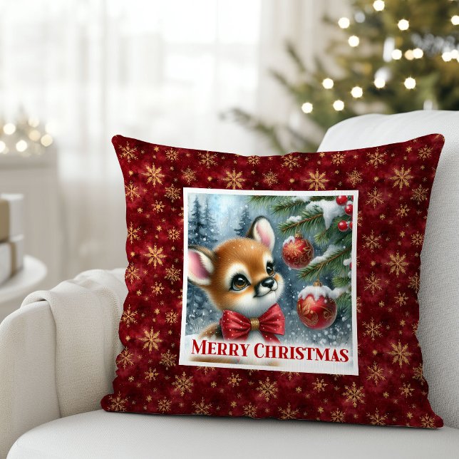 Joyful Baby Deer Snowy Forest Kids Gift Christmas  Throw Pillow (Joyful Baby Deer Snowy Forest Kids Gift Christmas Pillow

)