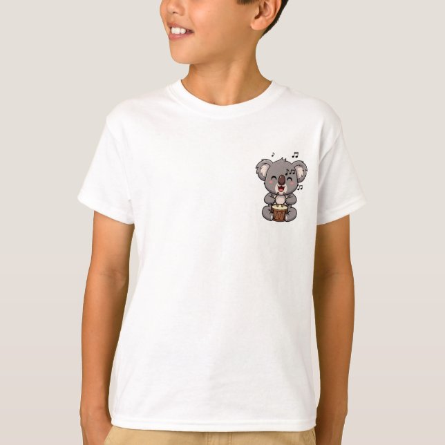 Joyful Baby Koala Playing Drums with Musical Notes T-Shirt (Front)