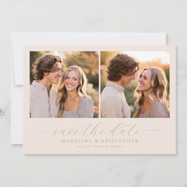 Joyful Beige Romantic Photo Collage Save The Date (Front)