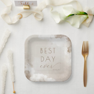 Joyful Beige Watercolor Clouds Paper Plate