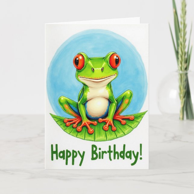 Joyful Birthday Frog Illustration Card (Front)