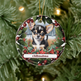 Joyful Black Chihuahua Puppy Custom Christmas Ceramic Ornament