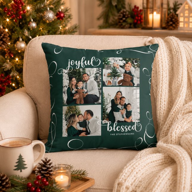 Joyful Blessed Elegant Script 4 Photos Name Throw Pillow (Creator Uploaded)