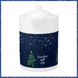 Joyful Blue Evening Winter Scene<br><div class="desc">Beautiful blue night scene with stars and green tree accompany the script text "Comfort and Joy" - set on blue/silver sparkling background. Personalize the text if you wish.</div>