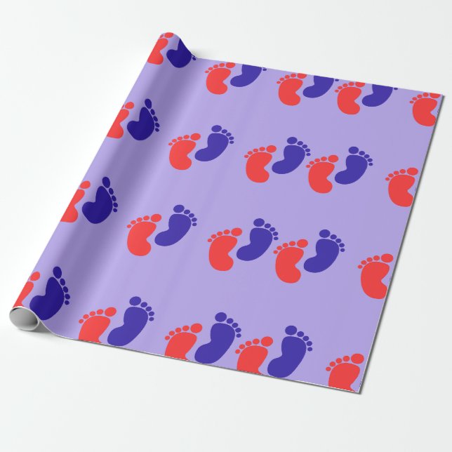 Joyful Blue Red Baby Foot Print Wrapping Paper (Unrolled)