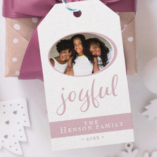 Joyful Blush Pink Christmas Holiday Photo Gift Tags