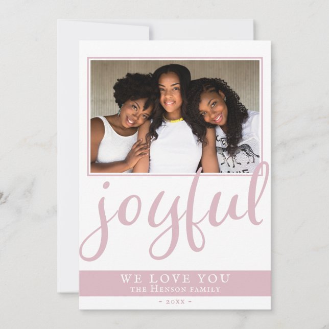Joyful Blush Pink Script Modern Christmas Photo Holiday Card (Front)
