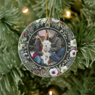 Joyful Botanical Christmas Personalized Arch Photo Ceramic Ornament