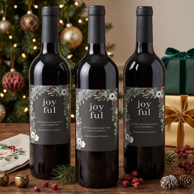 Joyful Botanical Christmas Personalized Wine Label (Joyful Botanical Christmas Personalized Wine Label by Ricaso. Add your own message  -Corporate use)